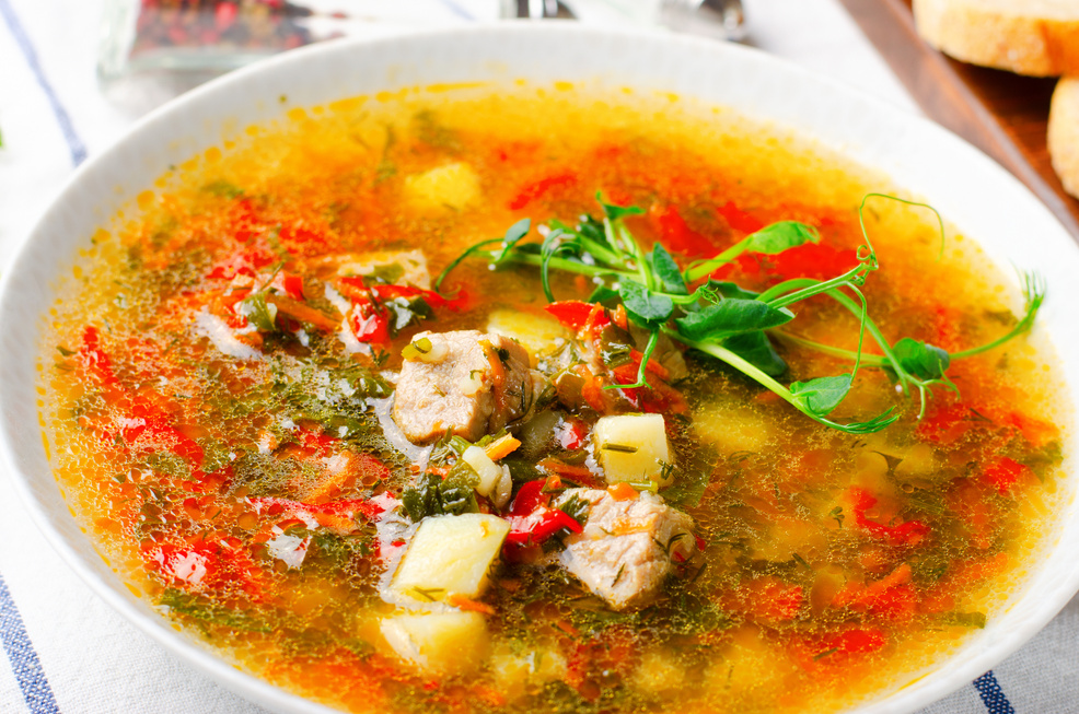 Homemade Soup with Meat and Vegeatbles, Turkey Soup in a Bowl, Comfort Food