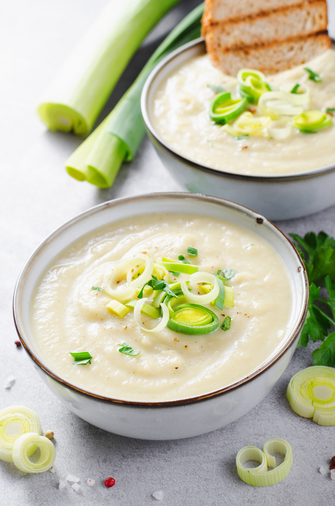 Leek Soup, Comfort Meal, Potato and Leek Creamy Soup, Vegetarian Food on Bright Background